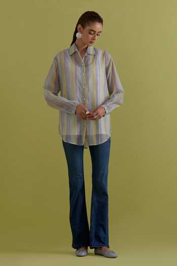Buy_Upavita_Yellow Cotton, Chanderi Collared Vertical Stripe Pattern Shirt _Online_at_Aza_Fashions