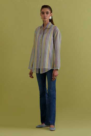 Shop_Upavita_Yellow Cotton, Chanderi Collared Vertical Stripe Pattern Shirt _Online_at_Aza_Fashions