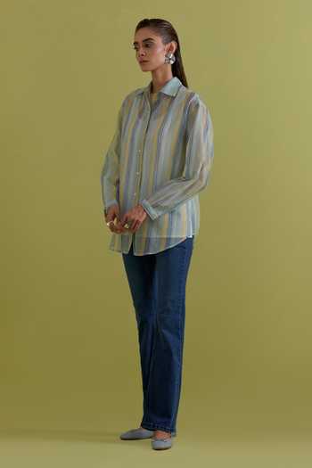Upavita_Blue Cotton, Chanderi Collared Hand Block Stripe Print Shirt _Online_at_Aza_Fashions
