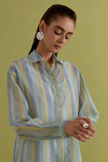 Buy_Upavita_Blue Cotton, Chanderi Collared Hand Block Stripe Print Shirt _Online_at_Aza_Fashions