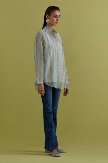 Shop_Upavita_Blue Cotton, Chanderi Collared Hand Block Stripe Print Shirt _Online_at_Aza_Fashions