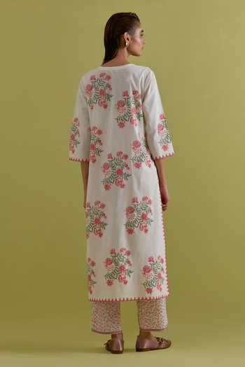 Buy Upavita Off White Cotton, Chanderi Round Neck, Yes Floral Print Kurta Set Online at Aza Fashions Buy_Upavita_Off White Cotton, Chanderi Round Neck, Yes Floral Print Kurta Set _Online_at_Aza_Fashions