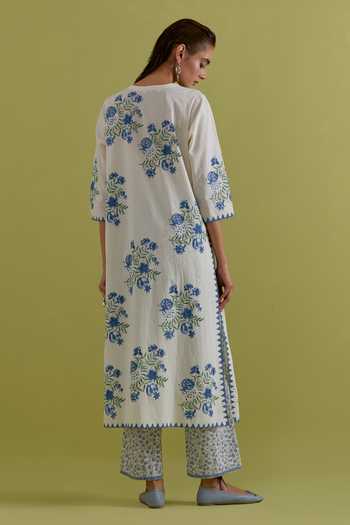 Shop Upavita Off White Cotton, Chanderi Round Neck Floral Hand Block Print Kurta Set at Aza Fashions Shop_Upavita_Off White Cotton, Chanderi Round Neck Floral Hand Block Print Kurta Set _at_Aza_Fashions
