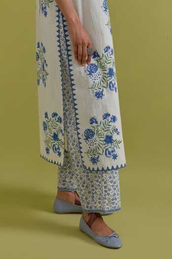 Upavita Off White Cotton, Chanderi Round Neck Floral Hand Block Print Kurta Set at Aza Fashions Upavita_Off White Cotton, Chanderi Round Neck Floral Hand Block Print Kurta Set _at_Aza_Fashions