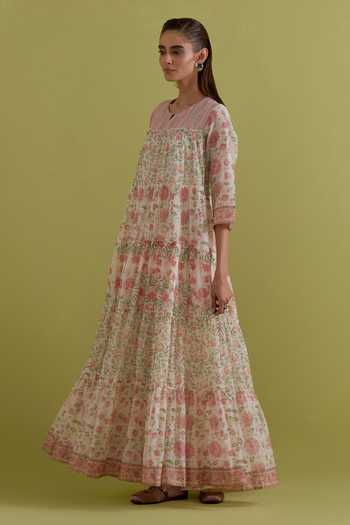 Upavita_Off White Cotton, Chanderi Round Neck Floral Print Anarkali Set _Online_at_Aza_Fashions