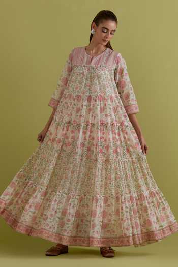 Buy_Upavita_Off White Cotton, Chanderi Round Neck Floral Print Anarkali Set _Online_at_Aza_Fashions