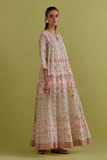 Shop_Upavita_Off White Cotton, Chanderi Round Neck Floral Print Anarkali Set _Online_at_Aza_Fashions