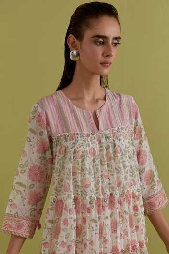 Upavita_Off White Cotton, Chanderi Round Neck Floral Print Anarkali Set _at_Aza_Fashions