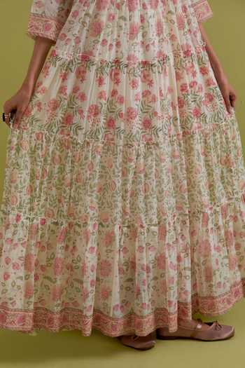 Buy_Upavita_Off White Cotton, Chanderi Round Neck Floral Print Anarkali Set 
