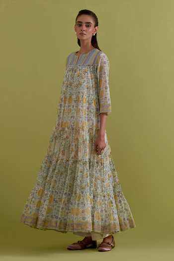 Upavita_Off White Cotton, Chanderi Round Neck Floral Print Anarkali Set _Online_at_Aza_Fashions