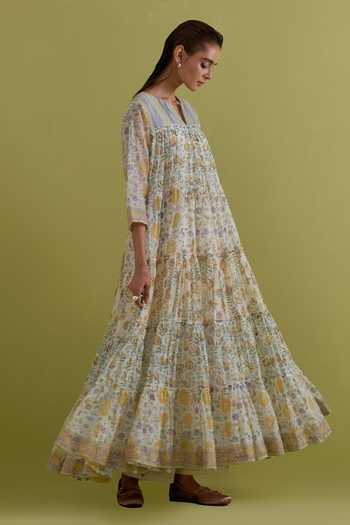 Buy_Upavita_Off White Cotton, Chanderi Round Neck Floral Print Anarkali Set _Online_at_Aza_Fashions