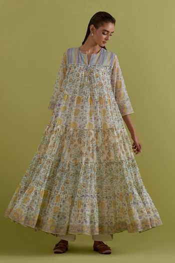 Shop_Upavita_Off White Cotton, Chanderi Round Neck Floral Print Anarkali Set _Online_at_Aza_Fashions