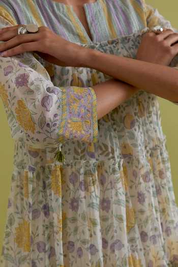Upavita_Off White Cotton, Chanderi Round Neck Floral Print Anarkali Set _at_Aza_Fashions