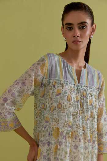 Buy_Upavita_Off White Cotton, Chanderi Round Neck Floral Print Anarkali Set 