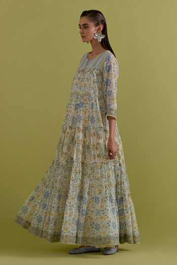 Upavita_Off White Cotton, Chanderi Round Neck Hand Block Print Anarkali Set _Online_at_Aza_Fashions