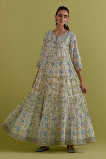 Buy_Upavita_Off White Cotton, Chanderi Round Neck Hand Block Print Anarkali Set _Online_at_Aza_Fashions