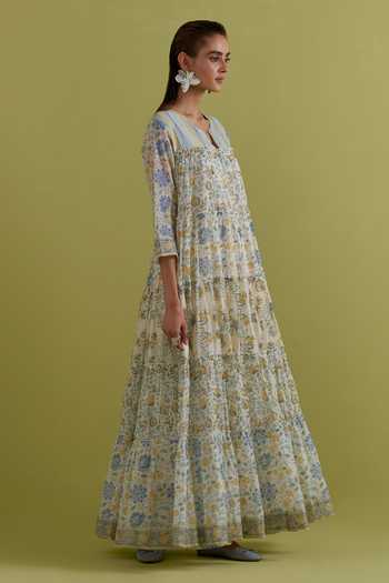 Shop_Upavita_Off White Cotton, Chanderi Round Neck Hand Block Print Anarkali Set _Online_at_Aza_Fashions