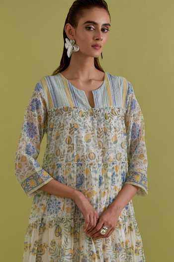 Upavita_Off White Cotton, Chanderi Round Neck Hand Block Print Anarkali Set _at_Aza_Fashions