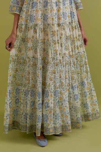 Buy_Upavita_Off White Cotton, Chanderi Round Neck Hand Block Print Anarkali Set 