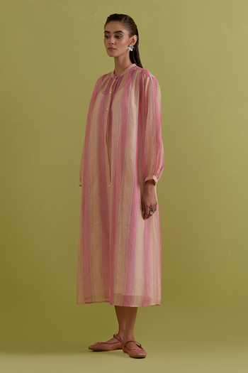 Upavita Pink Cotton, Chanderi Round Neck Hand Block Print Dress Online at Aza Fashions Upavita_Pink Cotton, Chanderi Round Neck Hand Block Print Dress _Online_at_Aza_Fashions