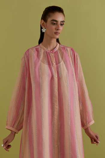 Buy Upavita Pink Cotton, Chanderi Round Neck Hand Block Print Dress Online at Aza Fashions Buy_Upavita_Pink Cotton, Chanderi Round Neck Hand Block Print Dress _Online_at_Aza_Fashions