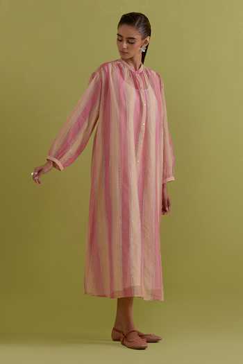 Shop Upavita Pink Cotton, Chanderi Round Neck Hand Block Print Dress Online at Aza Fashions Shop_Upavita_Pink Cotton, Chanderi Round Neck Hand Block Print Dress _Online_at_Aza_Fashions