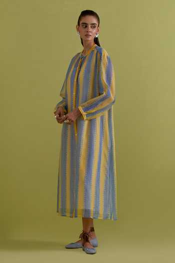 Upavita Blue Cotton, Chanderi Round Neck Hand Block Striped Dress Online at Aza Fashions Upavita_Blue Cotton, Chanderi Round Neck Hand Block Striped Dress _Online_at_Aza_Fashions