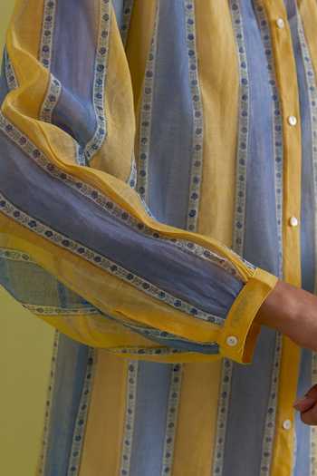 Buy Upavita Blue Cotton, Chanderi Round Neck Hand Block Striped Dress Online at Aza Fashions Buy_Upavita_Blue Cotton, Chanderi Round Neck Hand Block Striped Dress _Online_at_Aza_Fashions