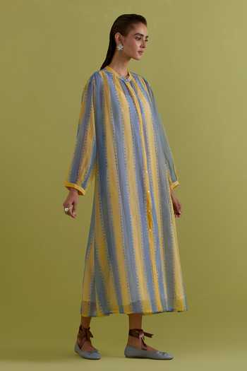 Shop Upavita Blue Cotton, Chanderi Round Neck Hand Block Striped Dress Online at Aza Fashions Shop_Upavita_Blue Cotton, Chanderi Round Neck Hand Block Striped Dress _Online_at_Aza_Fashions