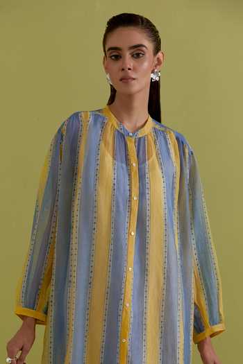 Upavita Blue Cotton, Chanderi Round Neck Hand Block Striped Dress at Aza Fashions Upavita_Blue Cotton, Chanderi Round Neck Hand Block Striped Dress _at_Aza_Fashions