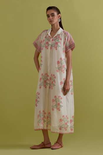 Upavita_Off White Cotton, Chanderi Collared Floral Print Dress _Online_at_Aza_Fashions