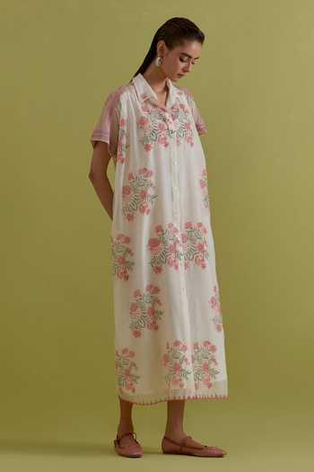 Buy_Upavita_Off White Cotton, Chanderi Collared Floral Print Dress _Online_at_Aza_Fashions
