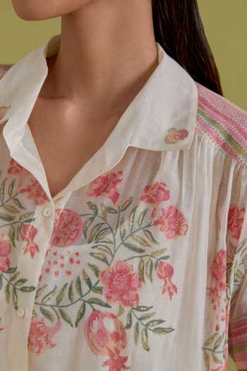 Shop_Upavita_Off White Cotton, Chanderi Collared Floral Print Dress _Online_at_Aza_Fashions