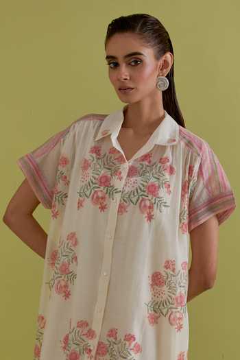 Upavita_Off White Cotton, Chanderi Collared Floral Print Dress _at_Aza_Fashions