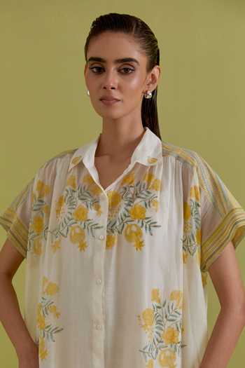 Upavita_Off White Cotton, Chanderi Collared Hand Block Print Dress _Online_at_Aza_Fashions