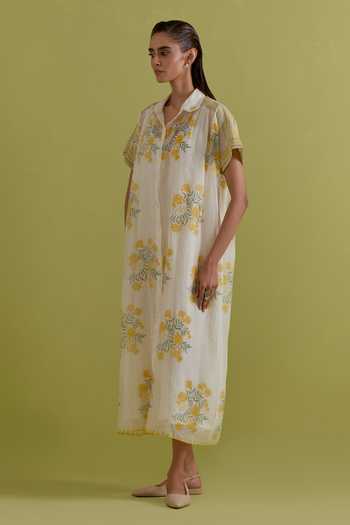 Buy_Upavita_Off White Cotton, Chanderi Collared Hand Block Print Dress _Online_at_Aza_Fashions
