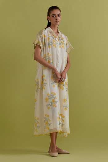 Shop_Upavita_Off White Cotton, Chanderi Collared Hand Block Print Dress _Online_at_Aza_Fashions