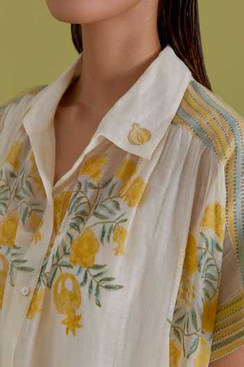 Upavita_Off White Cotton, Chanderi Collared Hand Block Print Dress _at_Aza_Fashions