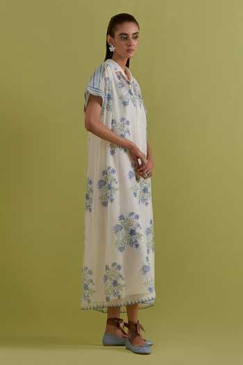 Upavita_Off White Cotton, Chanderi Collared Floral Hand-block Print Dress _Online_at_Aza_Fashions