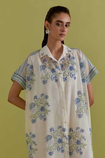 Buy_Upavita_Off White Cotton, Chanderi Collared Floral Hand-block Print Dress _Online_at_Aza_Fashions