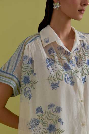 Shop_Upavita_Off White Cotton, Chanderi Collared Floral Hand-block Print Dress _Online_at_Aza_Fashions