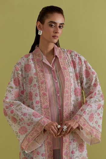 Upavita_Pink Cotton, Chanderi Hand Block Print Jacket _Online_at_Aza_Fashions
