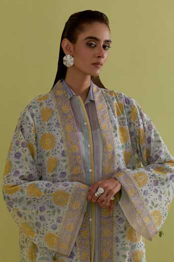 Upavita Yellow Cotton, Chanderi Band Collar Block Print Jacket Online at Aza Fashions Upavita_Yellow Cotton, Chanderi Band Collar Block Print Jacket _Online_at_Aza_Fashions