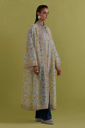 Buy Upavita Yellow Cotton, Chanderi Band Collar Block Print Jacket Online at Aza Fashions Buy_Upavita_Yellow Cotton, Chanderi Band Collar Block Print Jacket _Online_at_Aza_Fashions