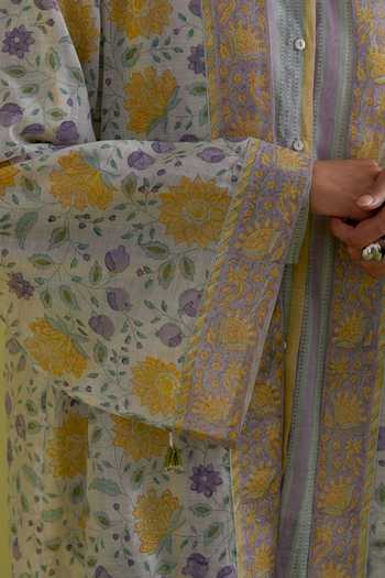 Shop Upavita Yellow Cotton, Chanderi Band Collar Block Print Jacket Online at Aza Fashions Shop_Upavita_Yellow Cotton, Chanderi Band Collar Block Print Jacket _Online_at_Aza_Fashions