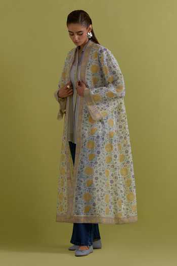 Upavita Yellow Cotton, Chanderi Band Collar Block Print Jacket at Aza Fashions Upavita_Yellow Cotton, Chanderi Band Collar Block Print Jacket _at_Aza_Fashions