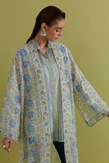 Upavita_Blue Cotton, Chanderi Shawl Neck Hand Block Print Jacket _Online_at_Aza_Fashions