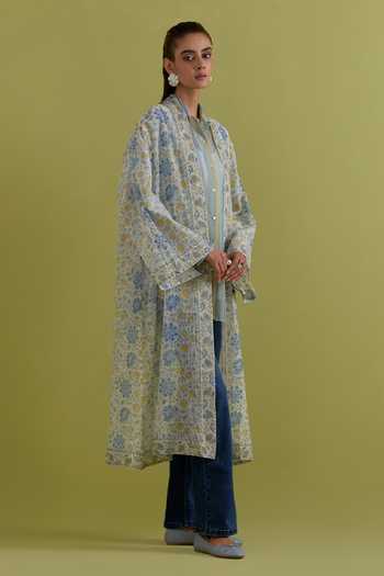 Buy_Upavita_Blue Cotton, Chanderi Shawl Neck Hand Block Print Jacket _Online_at_Aza_Fashions