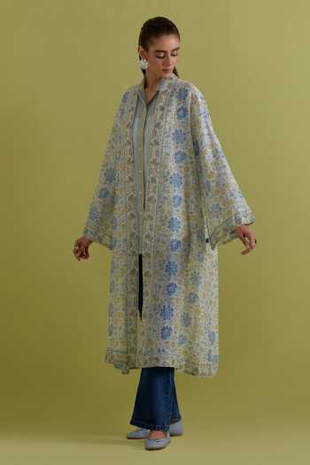 Shop_Upavita_Blue Cotton, Chanderi Shawl Neck Hand Block Print Jacket _Online_at_Aza_Fashions