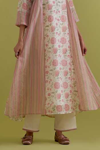Buy_Upavita_Off White Cotton, Chanderi Round Neck, Yes Hand Block Print Kurta Set _Online_at_Aza_Fashions